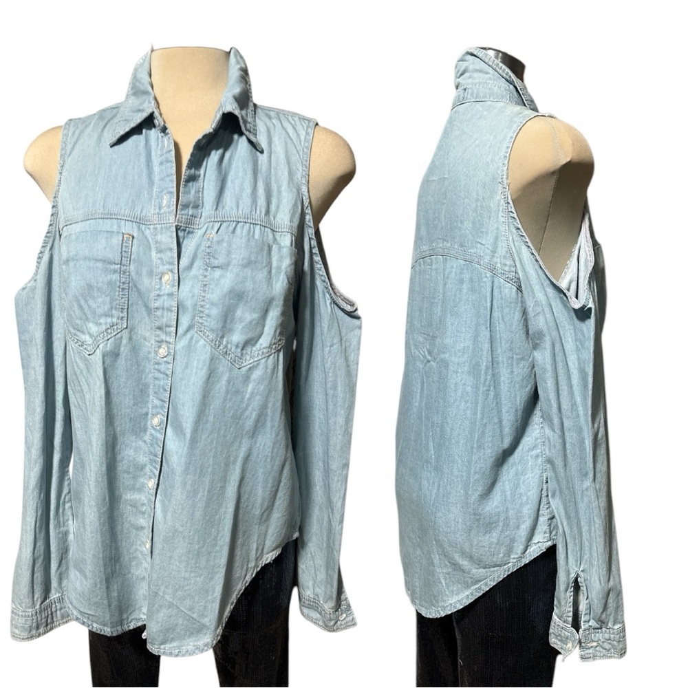 Trendy Cold Shoulder Long Sleeve Denim Top Size L